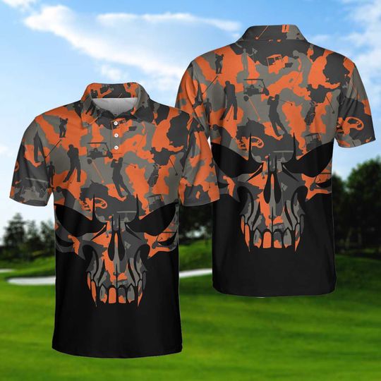 Orange Camouflage Golf Skull Golf Polo Shirt