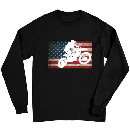 Dirt Bike Silhouette Distressed American Flag Motocross Pullover Long Sleeves