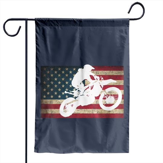 Dirt Bike Silhouette Distressed American Flag Motocross Pullover Garden Flags
