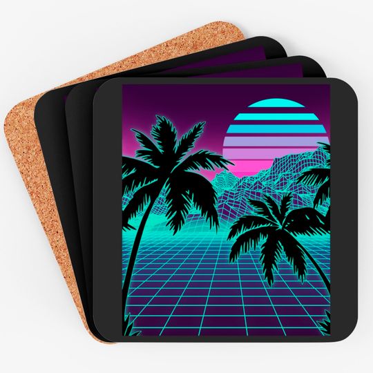 Retro 80s Vaporwave Sunset Sunrise With Outrun style grid Coasters