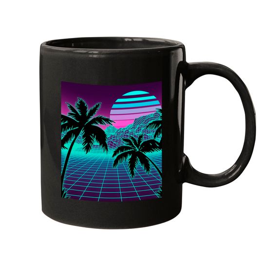 Retro 80s Vaporwave Sunset Sunrise With Outrun style grid Mugs