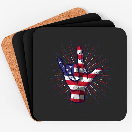 I Love You Hand Sign Gesture USA American Flag Cute - Usa America Flag - Coasters