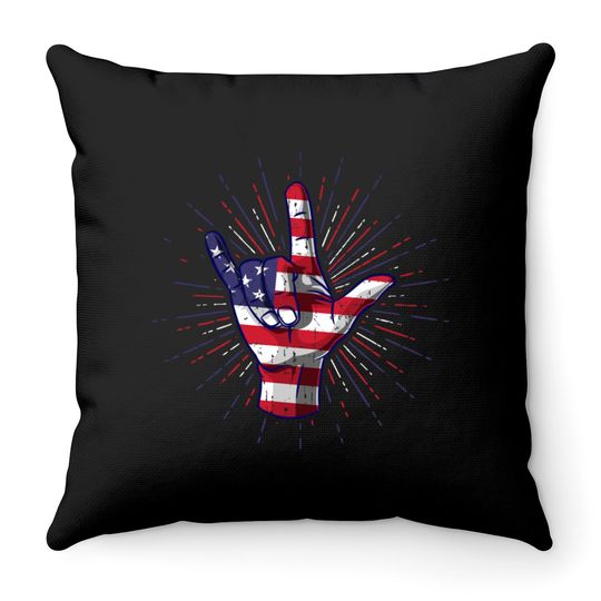 I Love You Hand Sign Gesture USA American Flag Cute - Usa America Flag - Throw Pillows