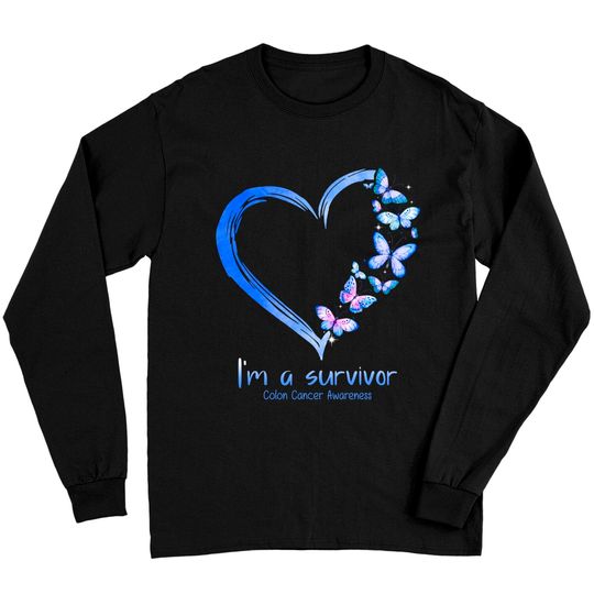 Blue Butterfly Heart I'm A Survivor Colon Cancer Awareness Long Sleeves