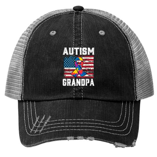 Autism Grandpa American Flag - Autism Awareness - Trucker Hats
