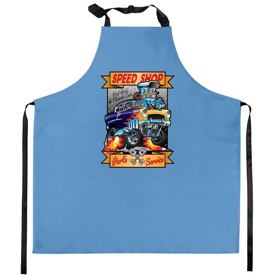 Speed Shop Hot Rod Muscle Car Parts and Service Vintage Cartoon Illustration - Hot Rod - Kitchen Aprons