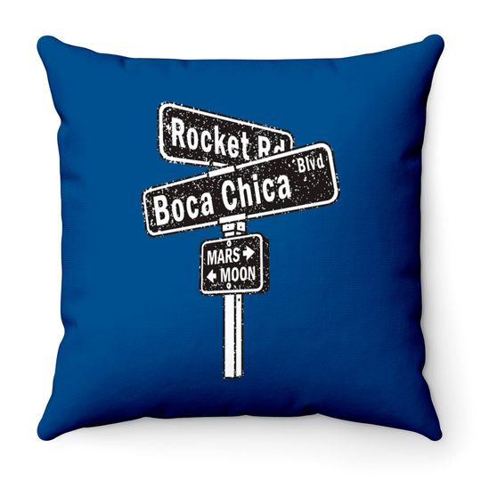 SpaceX Boca Chica Road Sign distressed design Throw Pillows