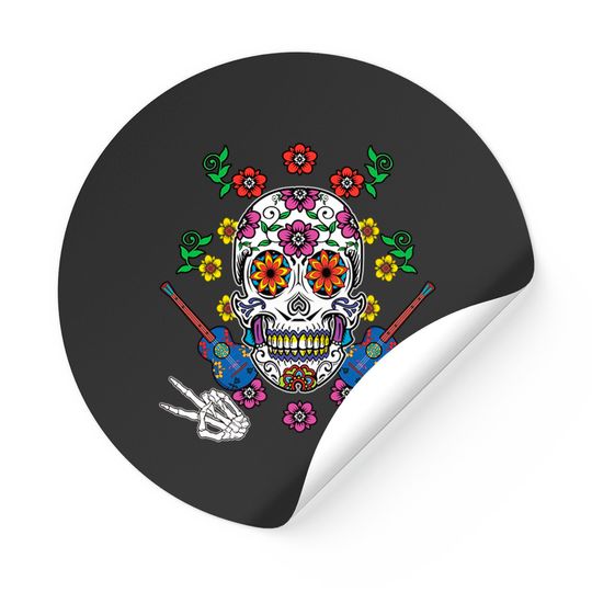 Floral Guitar Sugar Skull Muertos Day Of Dead - Muertos - Stickers