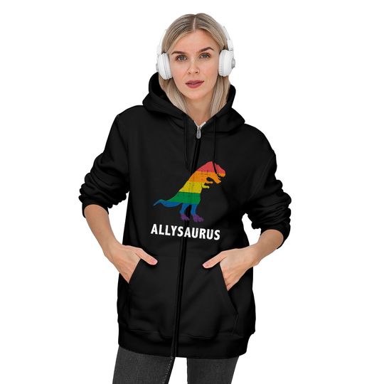 Allysaurus dinosaur in rainbow flag for ally LGBT pride - Gay Ally - Zip Hoodies