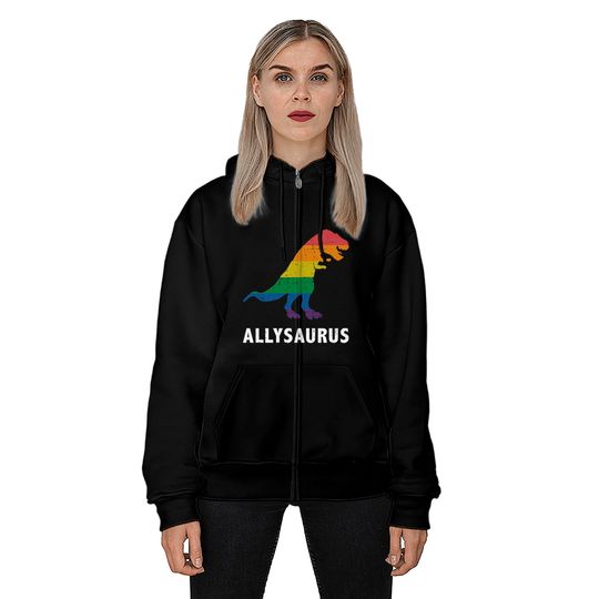 Allysaurus dinosaur in rainbow flag for ally LGBT pride - Gay Ally - Zip Hoodies