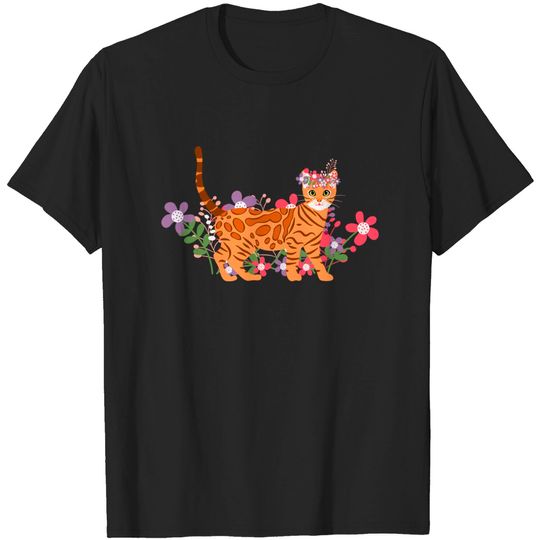 Bengal Cat and Flowers - Bengal Cat - T-Shirt