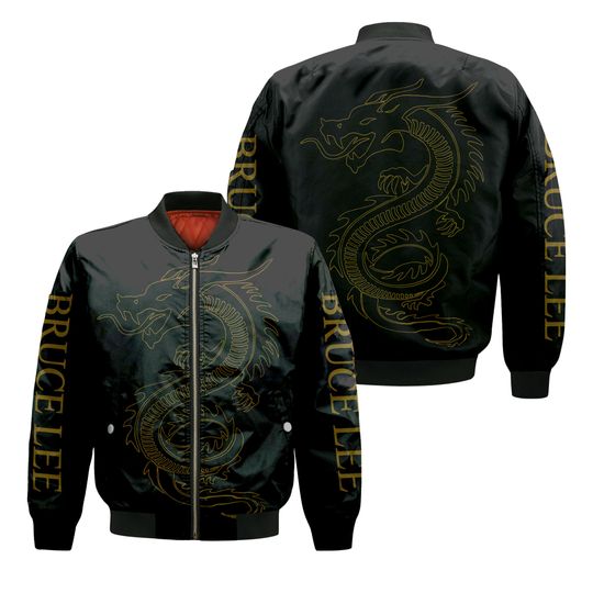 Unisex Bruce Lee Satin Bomber Jacket China Dragon Luxury Black Jacket