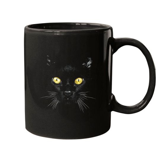 Black Cat Face Yellow Eyes Spooky Cat Halloween Mugs