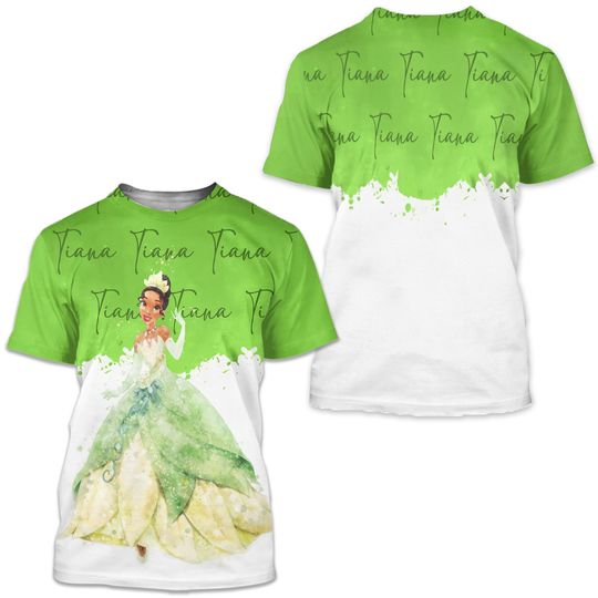 Tiana Princess Green Watercolor Glitter Disney 3D T-shirts