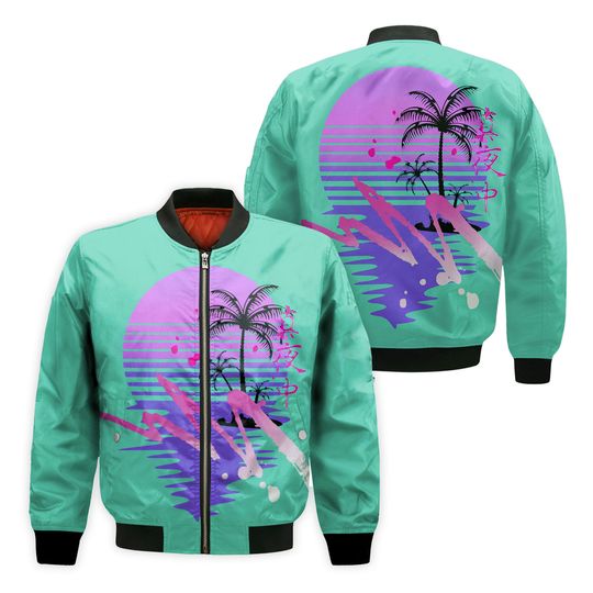 Pastel Synthwave Sunset 80's 90's Palm Tree Bomber Jacket