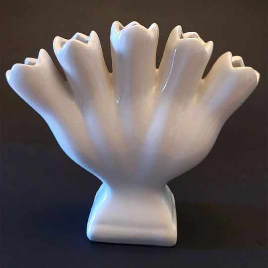 Vintage White Ceramic Art Pottery Five Finger Bud Vase - Decoration