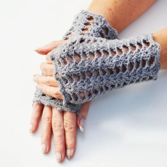 Crochet Grey Fingerless Mittens, Warmers Gloves