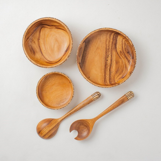 Set of Wooden Bowls and Salad Servers with Coconut Shell Inlay, Handmade Tableware