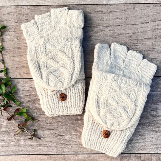 Hand Knit Alpaca Wool Cream White Convertible Cable Flip Mitten Fingerless Glove