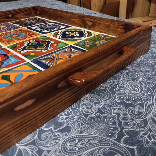 Vintage Wooden Mexican Tile Serving Tray