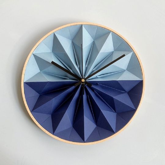 Wooden paper origami wall clock pale blue and kobalt blue home decor clock