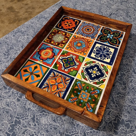 Vintage Wooden Mexican Tile Serving Tray