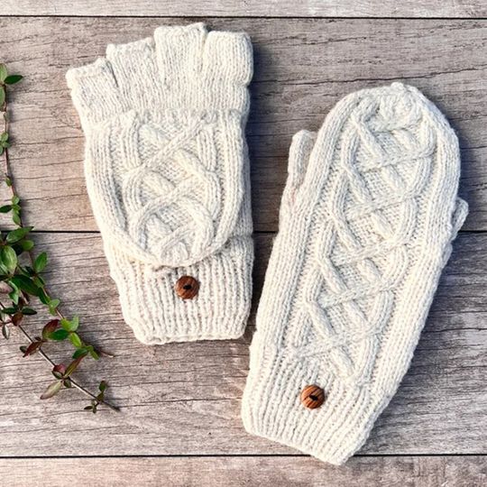 Hand Knit Alpaca Wool Cream White Convertible Cable Flip Mitten Fingerless Glove