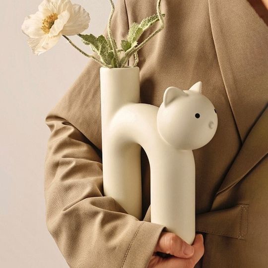 Handmade Ceramic Cat Vase Minimalist Home Decor