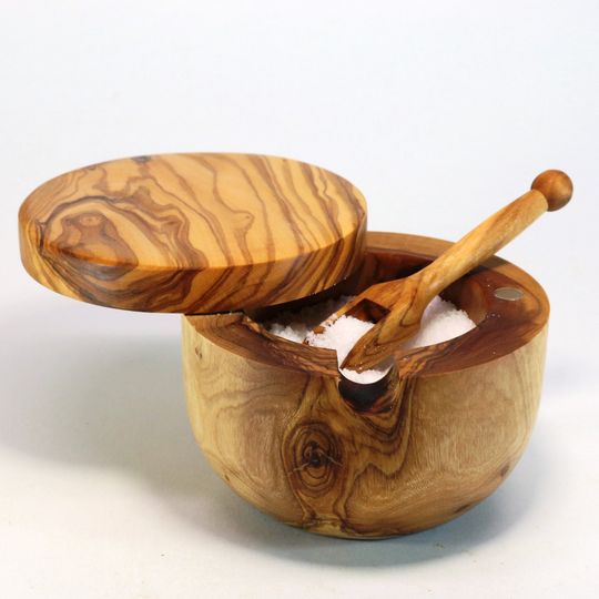 Olive Wood Salt Cellar With Lid and Spoon, Kitchen Utensils