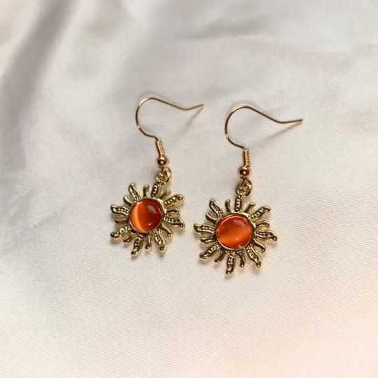 Handmade Gold plated sun earrings with orange center, sun Earrings