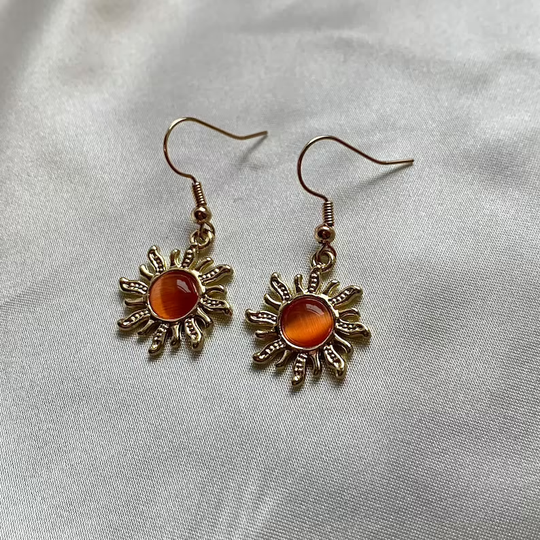 Handmade Gold plated sun earrings with orange center, sun Earrings