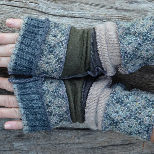 Women's wrist warmers made from repurposed sweaters in wool, merino wool and acrylic gloves