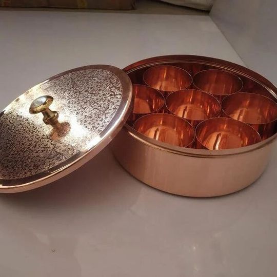 Goldsmith 100% Pure Copper Spice Box Copper Etching Handcrafted Spice Box With 7 Containers And 1 Spoon