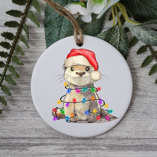 Baby Otter with Santa Hat and Light, Baby Otter Christmas Ornament