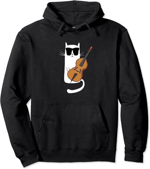 Funny Cat Wearing Sunglasses Playing Cello Pullover Hoodie