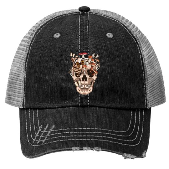 Mushroom Clothing Mushroom Collector Skull Graphic Gift Long Sleeve Trucker Hats