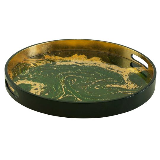 Round Green Gold Lacquer Tray, Serving Tray, Tea tray