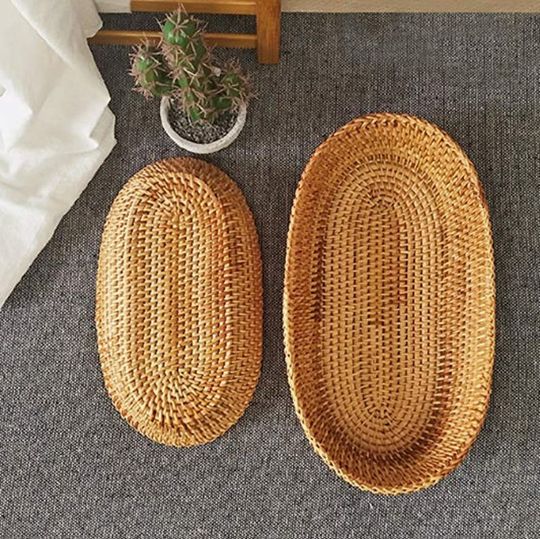 Set of 2 Rattan Oval Bread Basket, Rattan Woven Tabletop Food Serving Basket