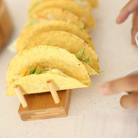 Bamboo Taco Holder Stand Plate Tray - Rack Holds 8 Soft or Hard Shell Tacos