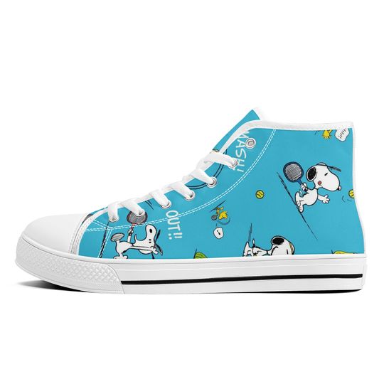 Snoopy  Playing Tennis Cartoon Blue High Top Sneakers