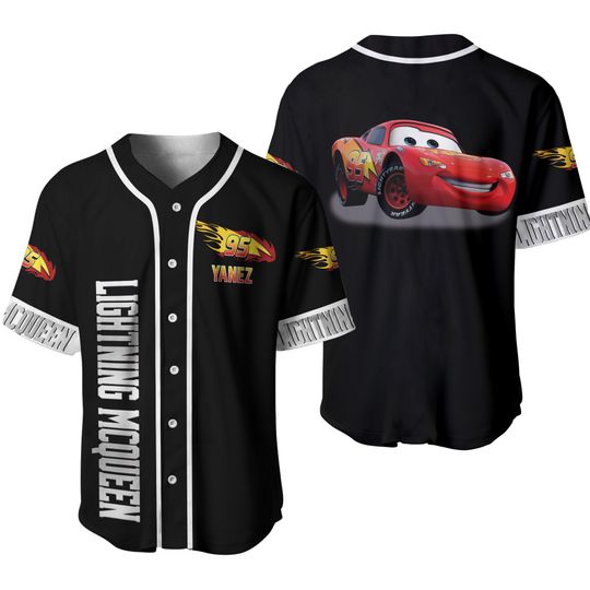 Lightning McQueen Cars 95 Black White Jersey, Disney Custom Baseball Jersey