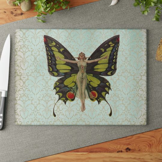 Fairy Butterfly 1920 Flapper Glass Cutting Board, Fairycore Kitchen