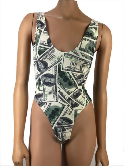 One piece High Waisted Bikini Swimsuit Money Hundred Dollar Bill Print Bodysuit Exotic Pole Dancewear