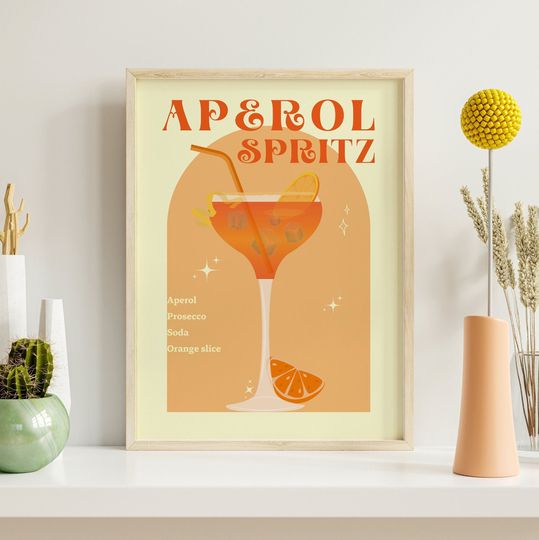 Aperol Spritz Cocktail Print, Retro Cocktail Wall Art, Alcohol Poster, Cocktail Bar Printable Art