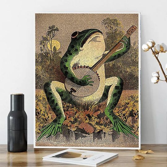 A Frog Playing Banjo in The Moonlight Vintage Poster