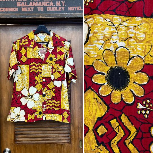 Vintage 1960s Tiki Barkcloth Floral Pop Art Hawaiian Shirt