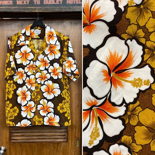 Vintage 1960s Size L Tiki Floral Mod Barkcloth Cotton Hawaiian Shirt