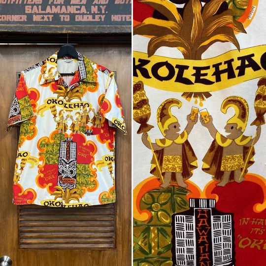 Vintage 1960s Tiki Pop Art Okolehao Cartoon Beer Mod Hawaiian Shirt