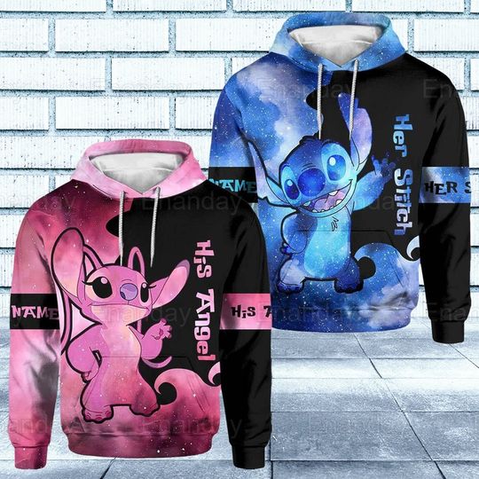 Personalized Stitch & Angle Hoodie, His Angle Her Stitch Hoodie For Couples, Disney Couple Hoodie