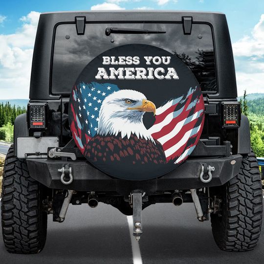 Eagle Bless You America Tire Cover, God Bless You Tire Cover, American Flag Spare Tire Cover